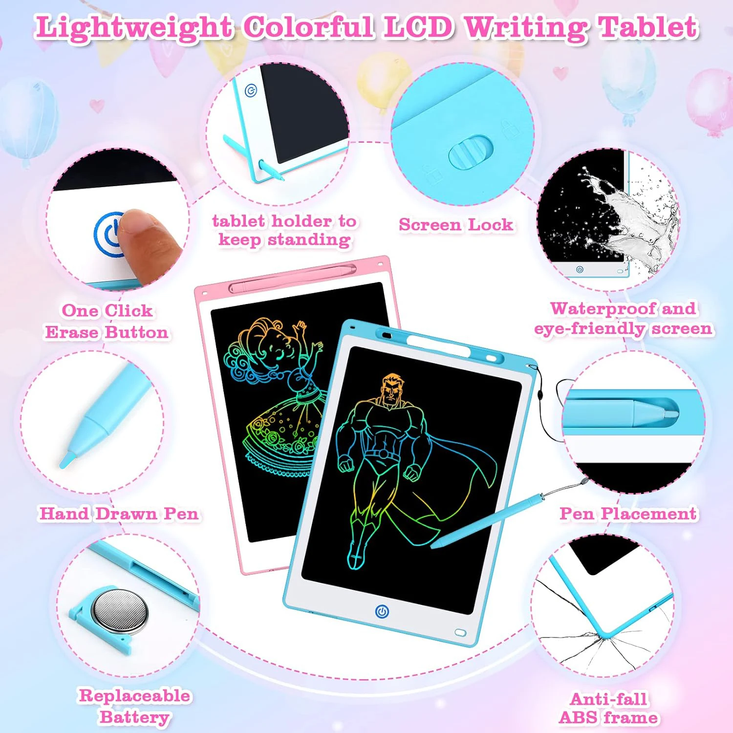 16/12/10/8.5 Inch LCD Graphic Tablet, Cartoon Color Drawing Tablet, 3 4 5 6 7 8 Years Kids Birthday Gifts/Christmas/Travel toys