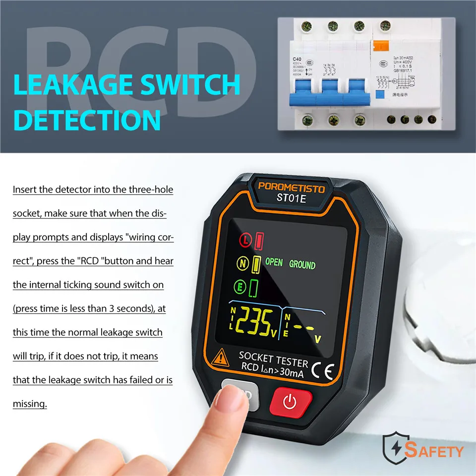 POROMETISTO ST01 Digital Socket Tester Color Screen UK/EU/US Circuit Checker RCD Socket Detector Data Hold Polarity Tester