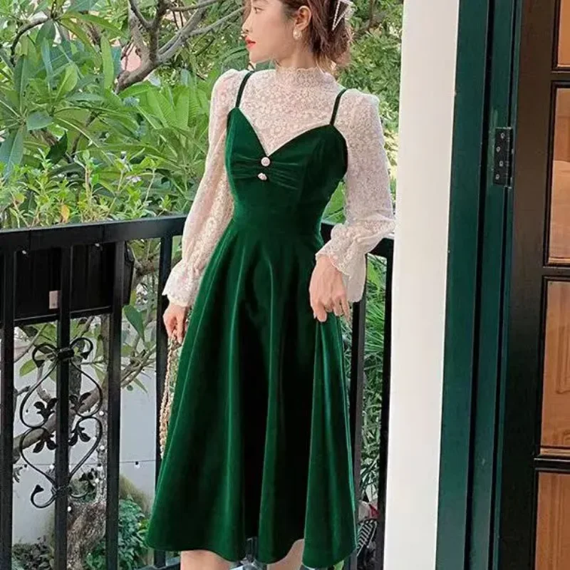 Fashionable Outfits For Women 2023 Spring Autumn New Lace Bottom Shirt Waist Waist Slimming Slim Hanging Dress Two Piece Set