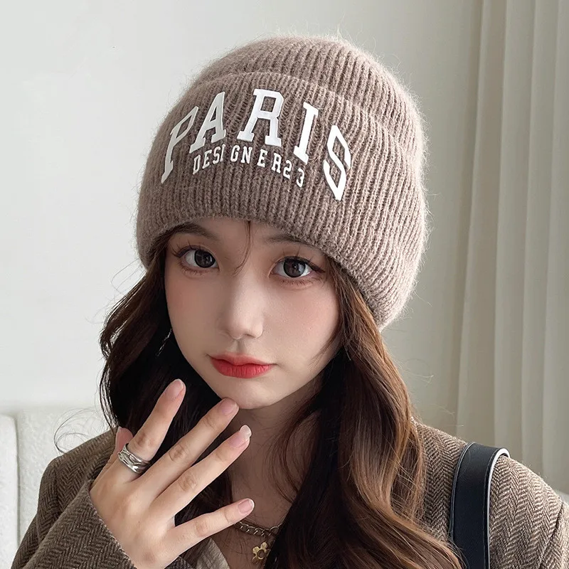 

2022 new rabbit fur knitted hat letter printing solid color wool hat plus velvet thick warm beanie hat