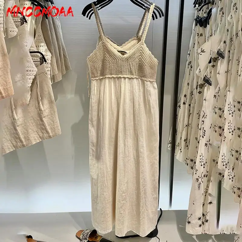 

MNCCMOAA-Splice Midi Dress for Women, Vintage Sleeveless Straps, Female Party Dresses, New Fashion, 2024