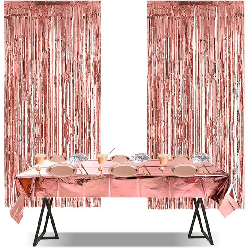 

High Quality Rose Gold Plated Party Tableware Tablecloth Balloons Curtain Paper Cup Tray Adult Party Wedding Decoration Supplies