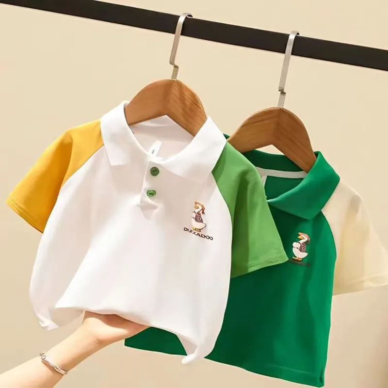

Children's Duckling Print Raglan Short Sleeved T-shirts For Boys and Girls 2023 Summer Baby Lapel Top For Children's PoLo Shirt