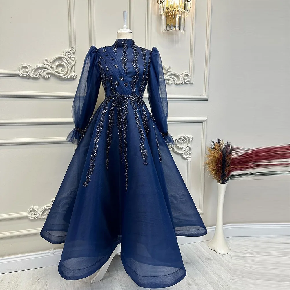 

Xijun Arabic Muslim Evening Dresses Long Sleeves High-Neck A-Line Beading Crystal Modest Prom Dress Formal Party Gowns