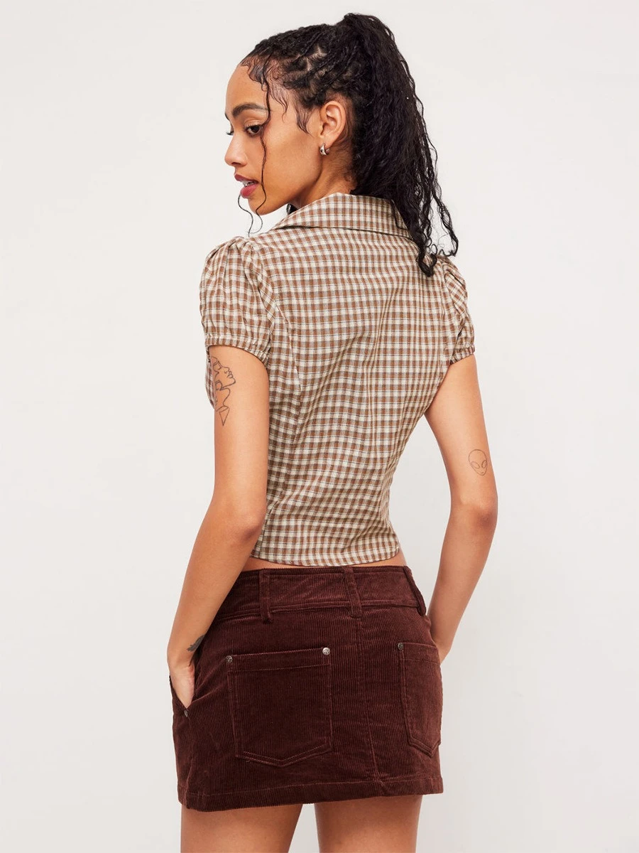 Bornladies Women's Summer Retro Plaid T-shirt Ruffled Hot Girl Ruffle Trim Shirt  Lace-up Small Collar Slim Fit Cropped Blouse