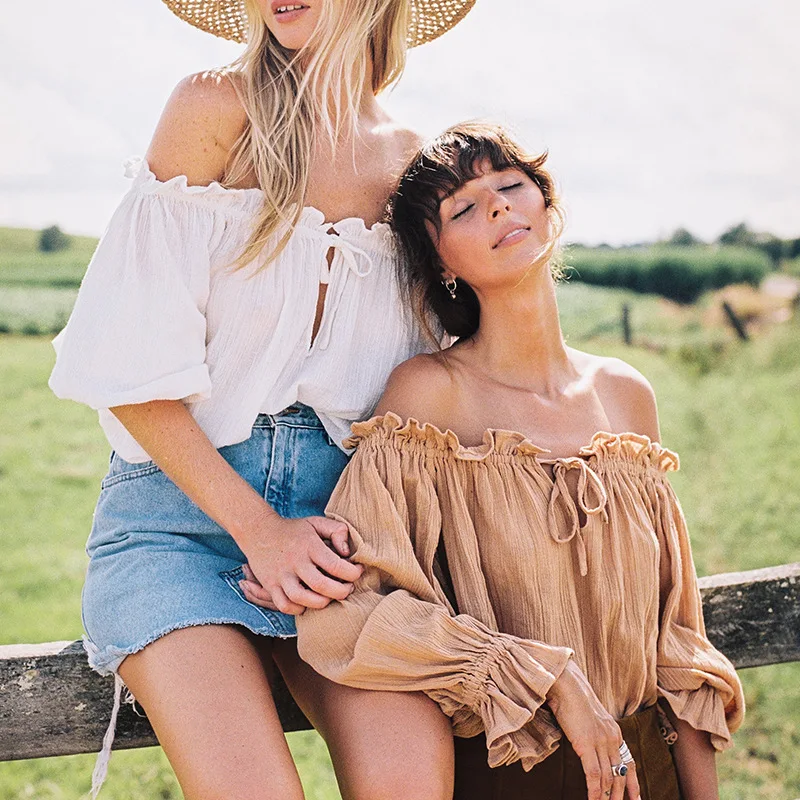 

Boho Beach Tops 2023 Vintage Puff Sleeve 100% Cotton Blouse Summer Sexy Off Shoulder Oversize Loose Blouses Shirts Women