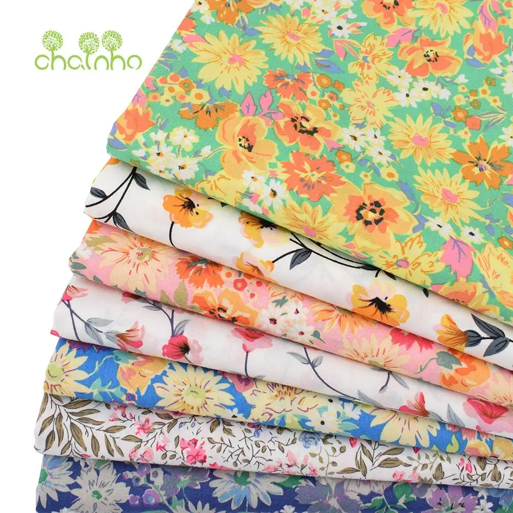 Chainho,Printed Plain Weave Poplin Cotton Fabric,DIY Quilting Sewing Material,Patchwork Cloth,Floral Series,3 Sizes,15PCC111