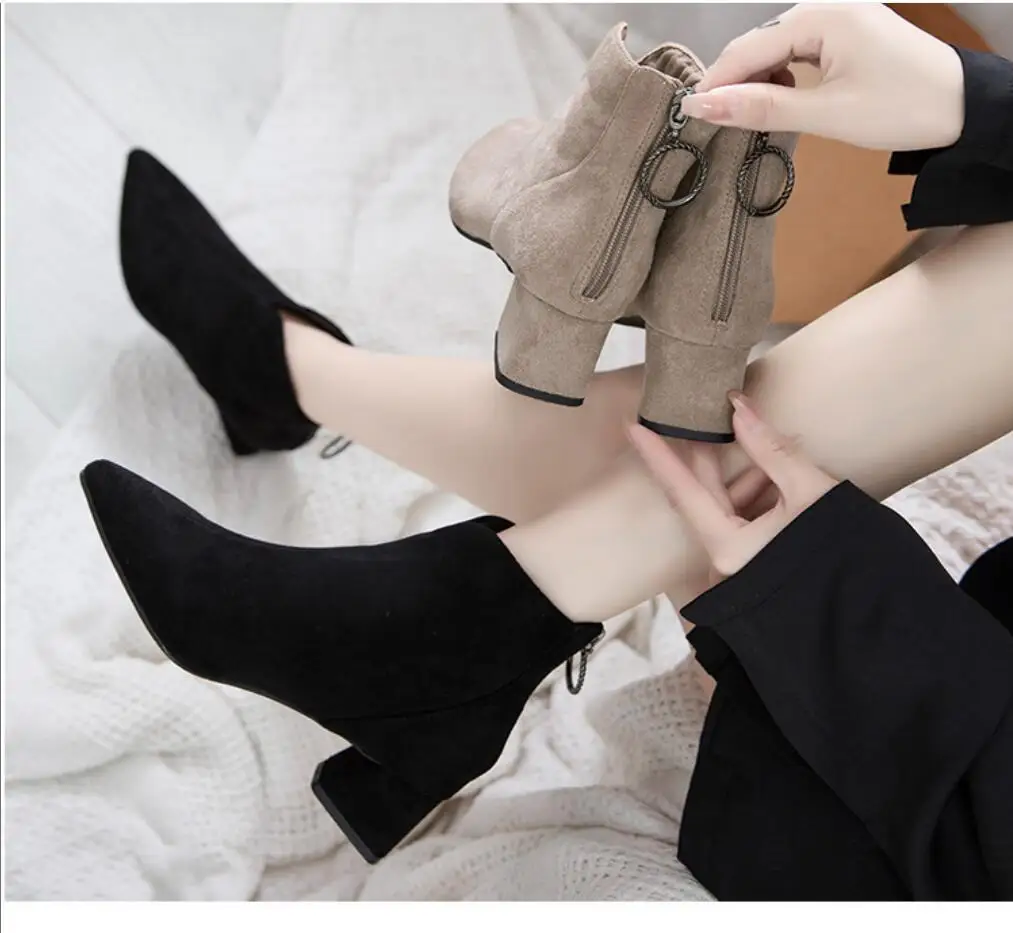 New Spring Winter Women Pumps Boots High Quality Women's suede pointed fashion thick heels Ladies Boots Shoes Suedes High Heels