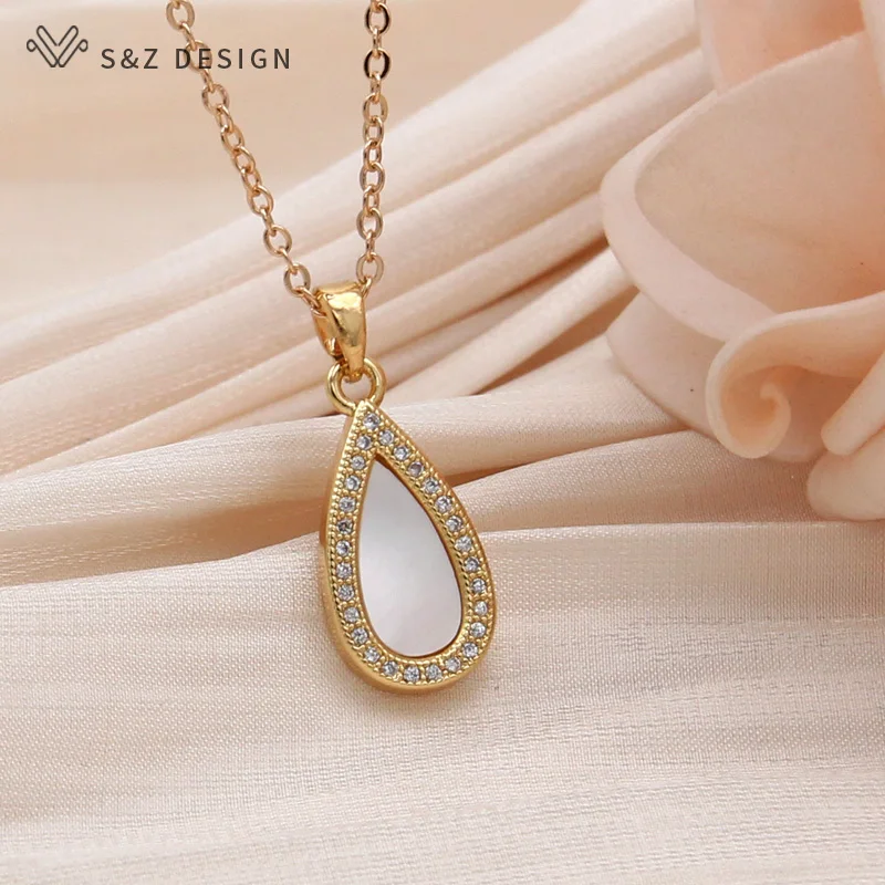 S&Z DESIGN New Fashion Elegant Water Drop Shell Pendant Necklace For Women Classic Micro Wax Inlay Cubic Zirconia Jewelry