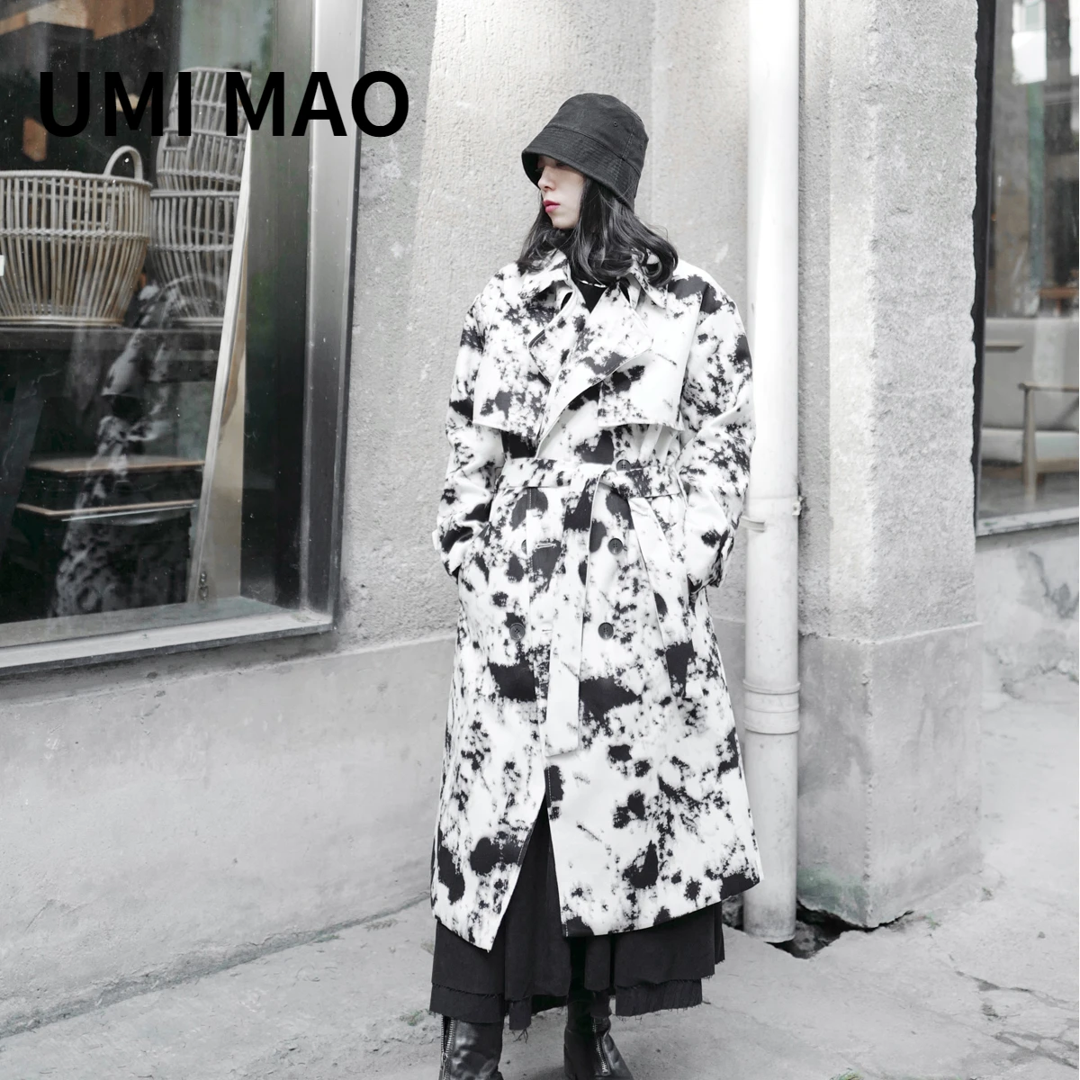 

UMI MAO New Niche Ink Print Loose Ladies Double-breasted Windbreaker Trench Coat Jacket Japanese Yamamoto Yoji Dark Retro Trend