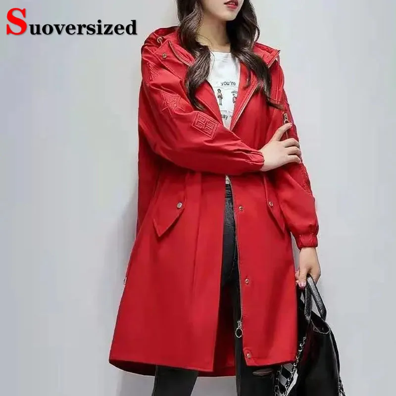 

Casual Loose Hooded Trench Jacket Drawstring Women Windbreaker Korean Fashion Big Size 7xl Gabardina Spring Streetwear Coats