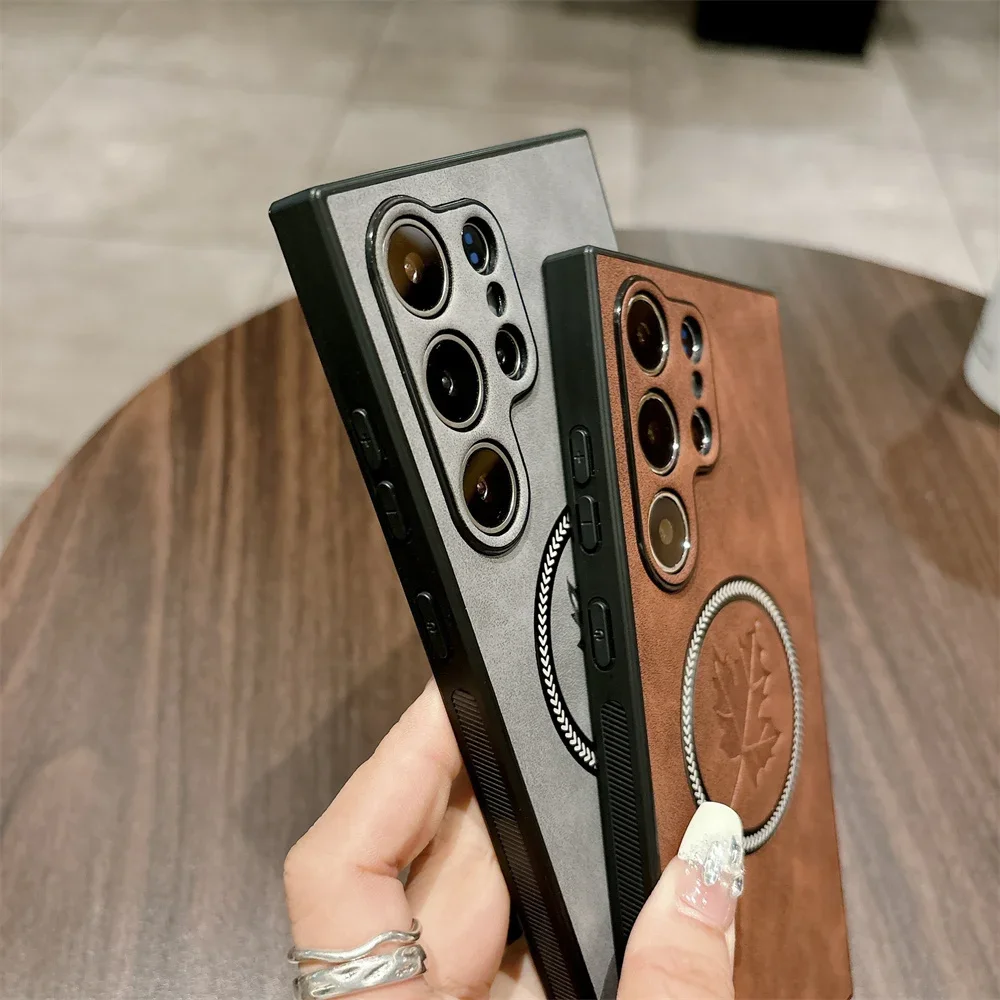 Vintage-Style Leather Phone Case with Magnetic Charging Compatibility