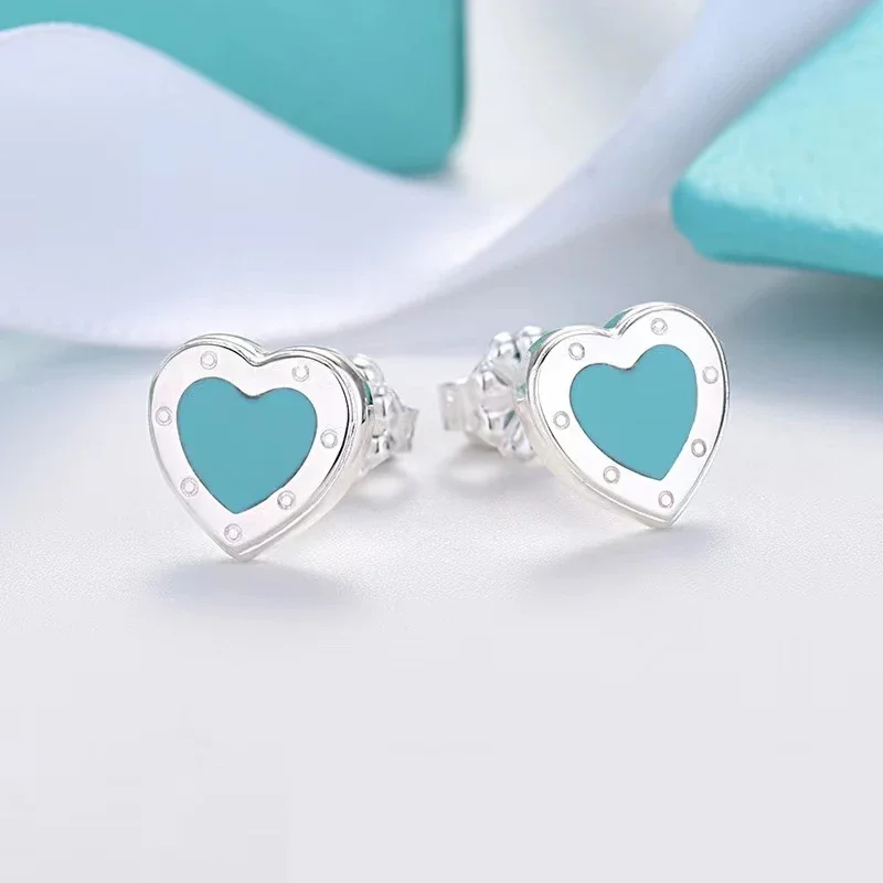 Cute 925 sterling silver heart-shaped enamel earrings for women's fashionable luxury jewelry classic brand party gifts