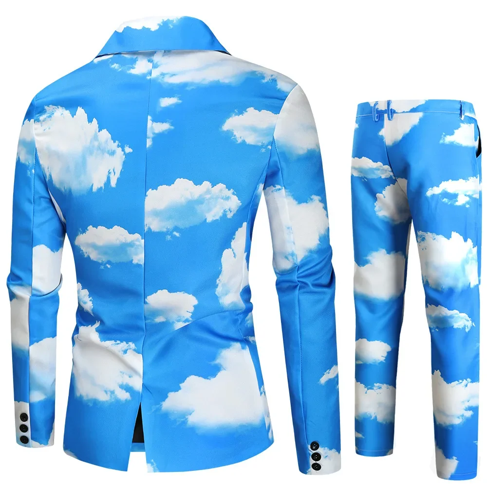 HOO Autumn New Men's Blue Sky White Clouds Printed Suit Two Pieces