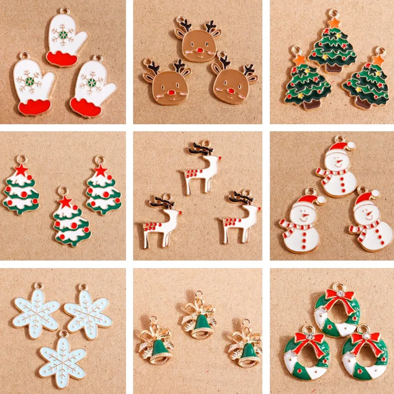 

10pcs/lot Cute Enamel Christmas Tree Charms Snowman Elk Pendants for Jewelry Making Earrings Necklace DIY X'mas Gifts Supplies