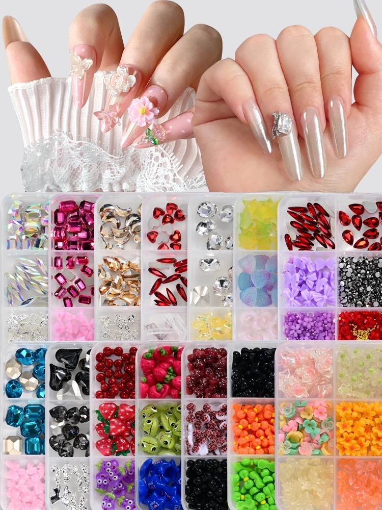 12 Stile/Box 3D Gemischte Rote Themen-Nagelkunst-Charms aus Harz: Kirsche, Erdbeere, Schleife, Blume, Strass-Nageldekorationen für DIY-Maniküre – Detail 11