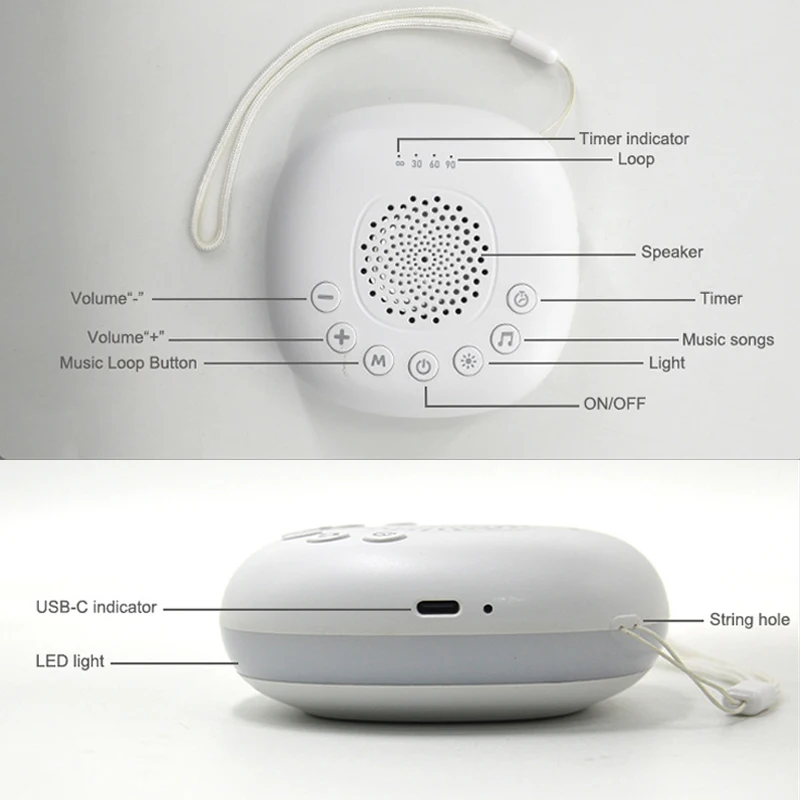 2-in-1 White Noise Sound Machine USB Portable Baby Sleep Machine 20 Soothing Sound LED Night Light Built-in Rechargeable Battery