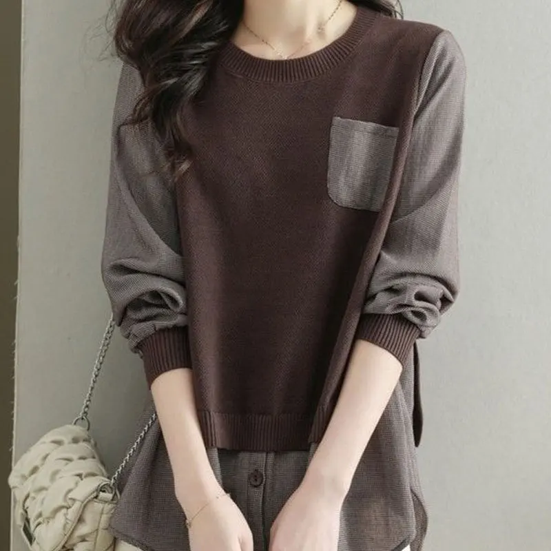 Commute Fake Two Pieces Blouse Female Clothing Casual O-Neck Spring Autumn Long Sleeve Fashion Knitted Patchwork Pockets Shirt blouses plaid drawstring fake two piece blouse coffee in brown size s xl