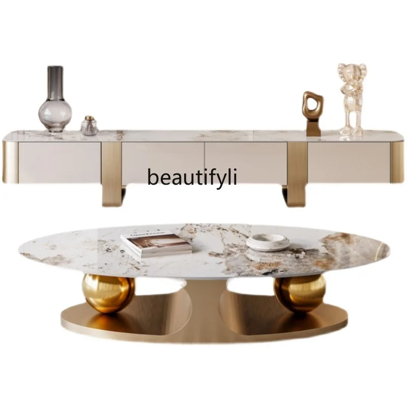 

LBX Simple Oval Stone Plate Coffee Table TV Cabinet Small Apartment Stainless Steel High-End Living Room Home