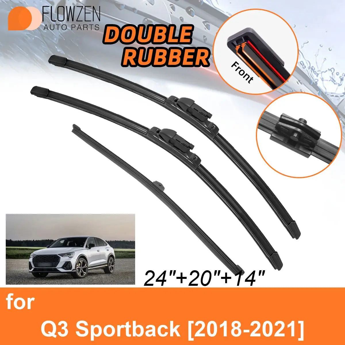 

Двойные резиновые автомобильные дворники для Audi Q3 Sportback 2018-2021, передние и задние щетки, аксессуары для лобового стекла 2018 2019 2020 2021