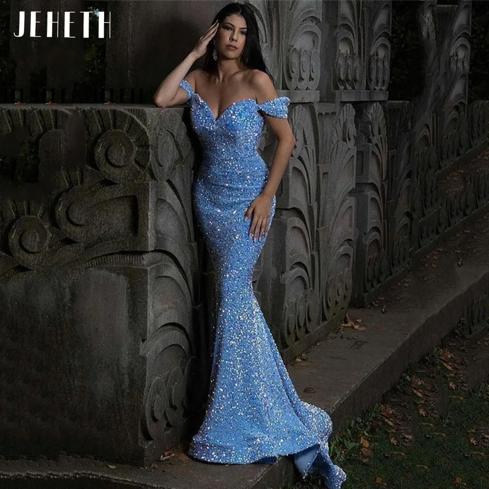 Blue Off the Shoulder Sequins Mermaid Prom Dresses Sexy Sweetheart Formal  Party Wedding 2023 Sweep Train Robe De Soiree