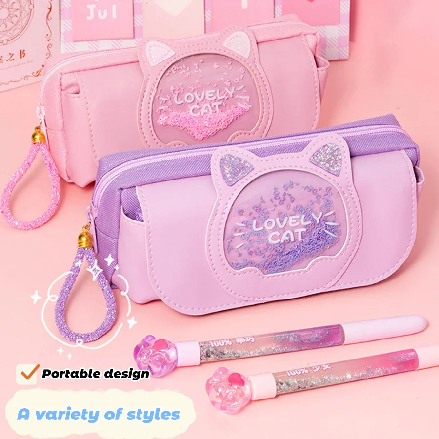 Cute girls Pencil Case Storage bag Cosmetic Bag Large capacity Luckly Cat head Qcicksand INS Korean Stationery school Supplies