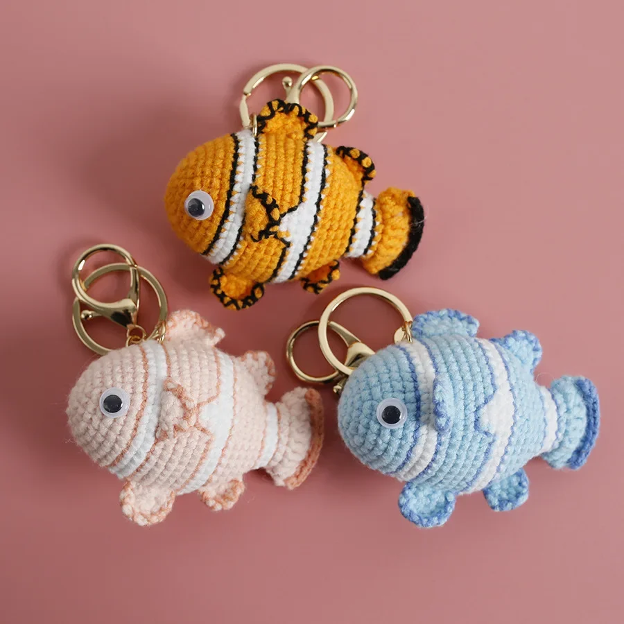 Cute Shrimp Pendant Keyrings Shrimp Doll Crochet Keychain Handmaking Clown Fish Knitting Keyrings For Car Keys Accessories