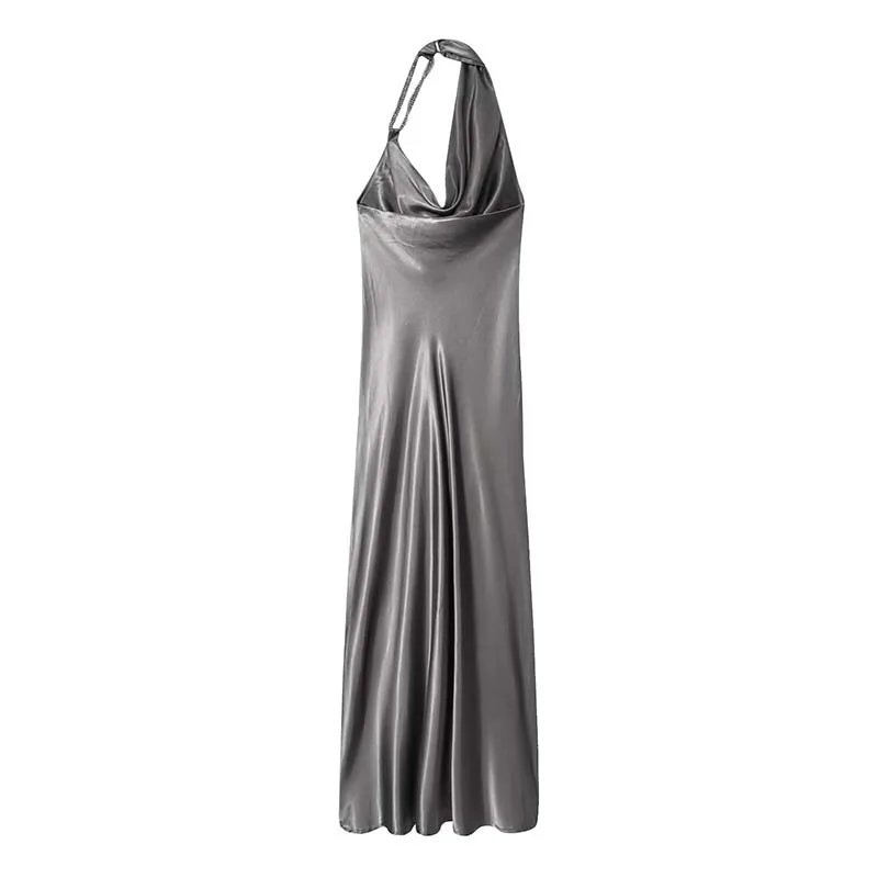 2025 Fashion Satin Backless Midi Dress Asymmetry Ruched Women Dresses Chic Bead Halter Neck Lady Elegant Party Dresses