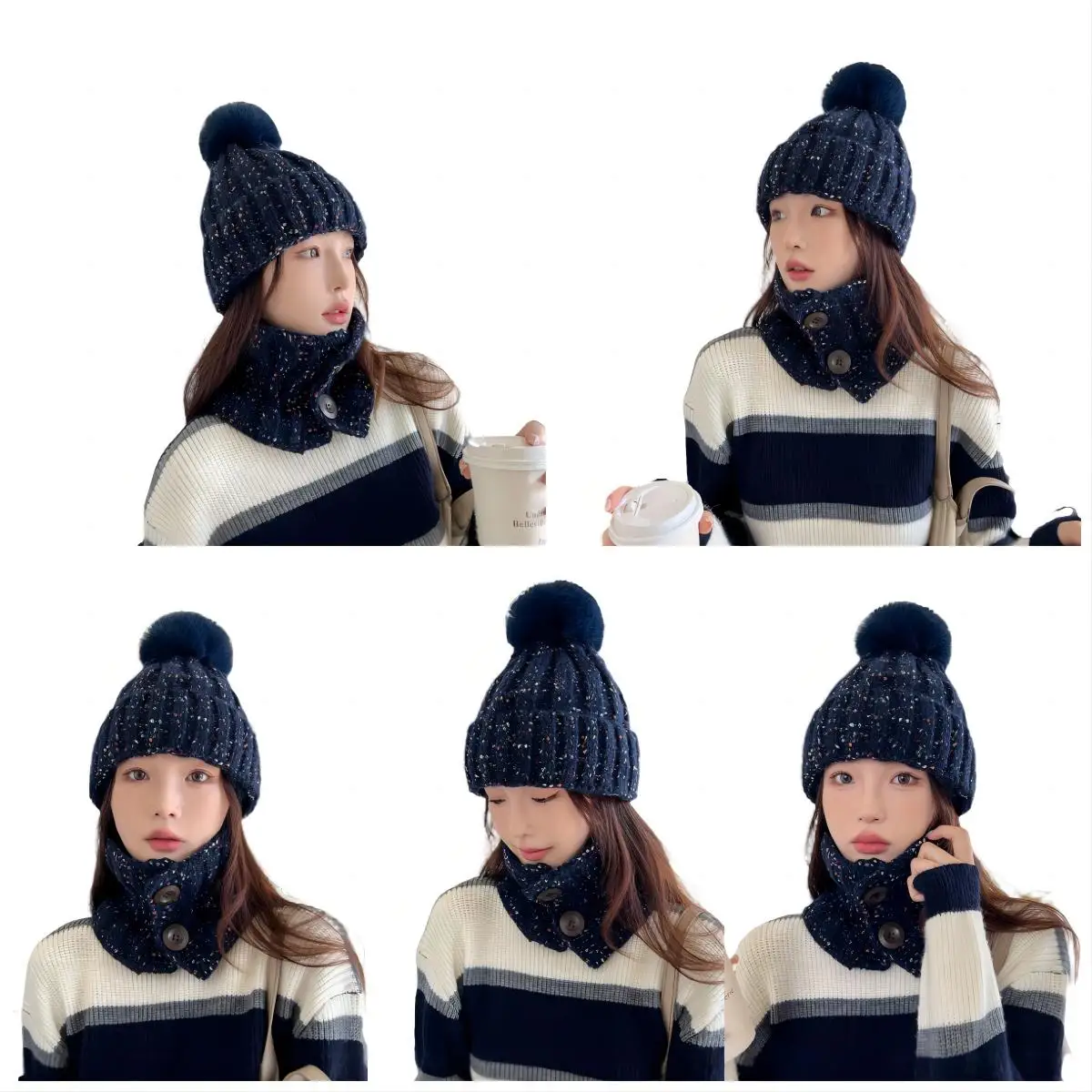 2PCS Set Winter Knitted Hat Snood Collar Two-piece Set Women Warm Scarf Three-piece for Men Beanies Skullies With Pompon