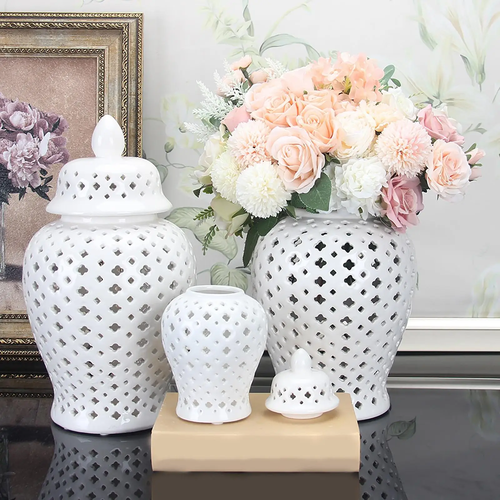 White Ginger Jar Storage Decor Display Lattice Home Decoration Vase Lid Gift 