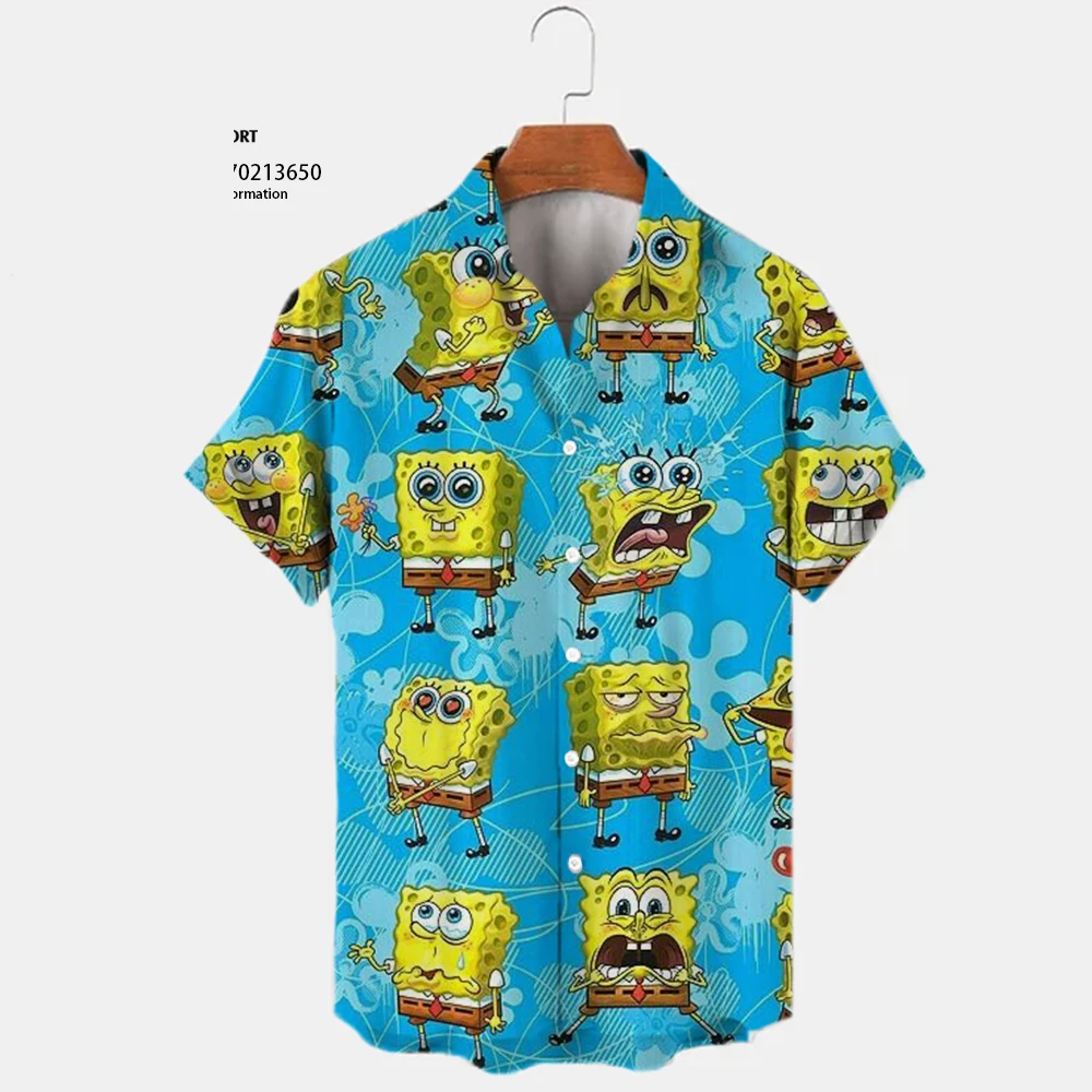 2024 Summer New Harajuku Casual Shirt Cute Spongebob Anime Street Trend Versatile Men's Lapel Short Sleeve Shirt 5