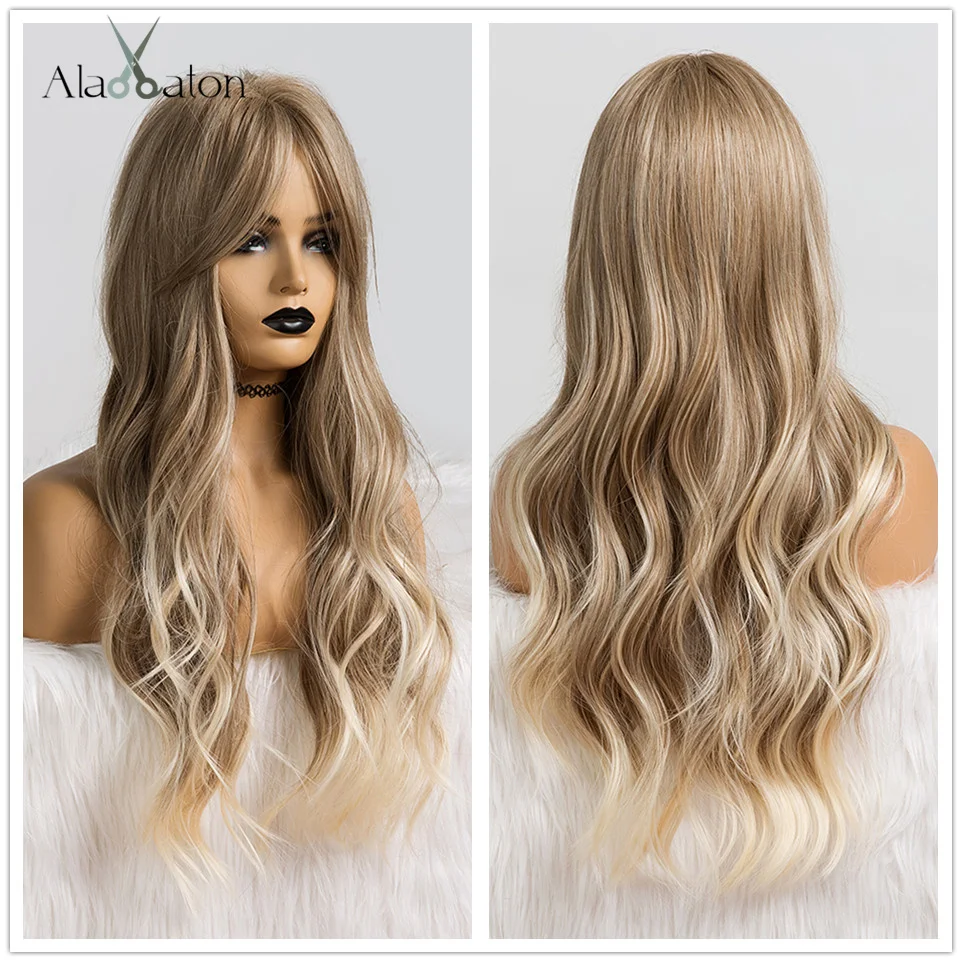 ALAN EATON Long Ombre Light Ash Brown Blonde Wavy Wig Cosplay Party Daily Synthetic Wig for Women High Density Temperature Fibre freedom long wavy headband wig for black women none replacement ombre blonde brown grey body wave synthetic headband wig