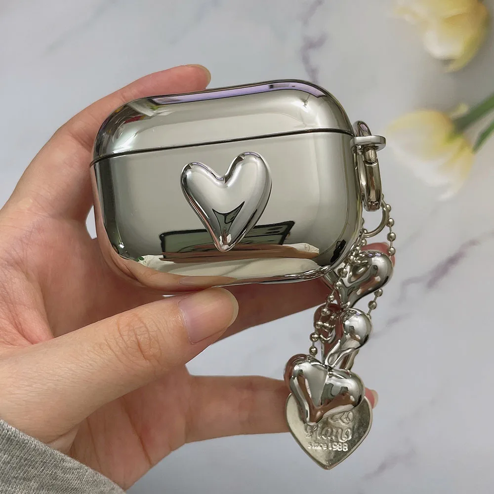 Electroplated Silver Soft TPU Earphone Protective Cover with Heart Keychain Accessories