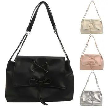 Women PU Leather Handbag Chain Strap Bow Flap Shoulder Bag Fashion Underarm Bag Large Capacity Chic Hobo Bag for Outdoor Travel