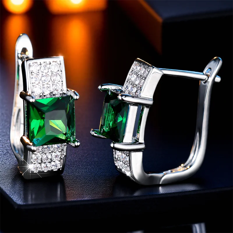 Cute Square Blue Zircon Green Stone Hoop Earrings For Women Charm Female Silver Color Wedding Jewelry Gift