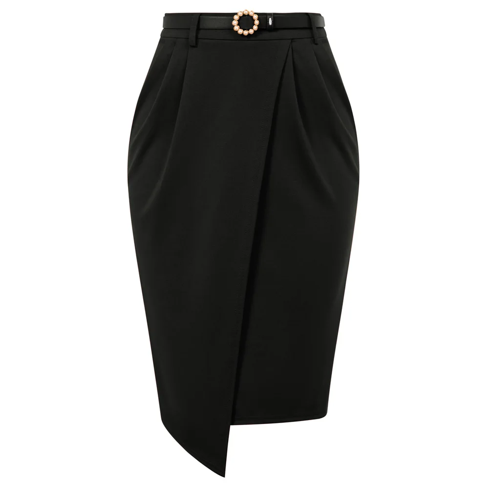

Belle Poque Women Pencil Skirts High Waisted 1950s Vintage Skirt With Belt Knee Length Wrap Business Skirts Office Lady Workwear