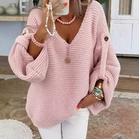 Casual Knitted V Neck Sweater Fall Winter Fashion Button Warm Commuter Jumper Elegant Solid Adjustable Long Sleeve Pullover - Image 2