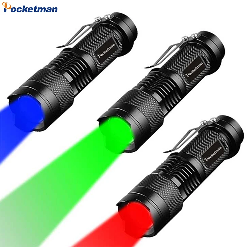 휴대용 초점 조절 가능 LED 손전등, 녹색, 청색, 적색, 미니 손전등, 포켓 손전등, 소형 토치 Q5