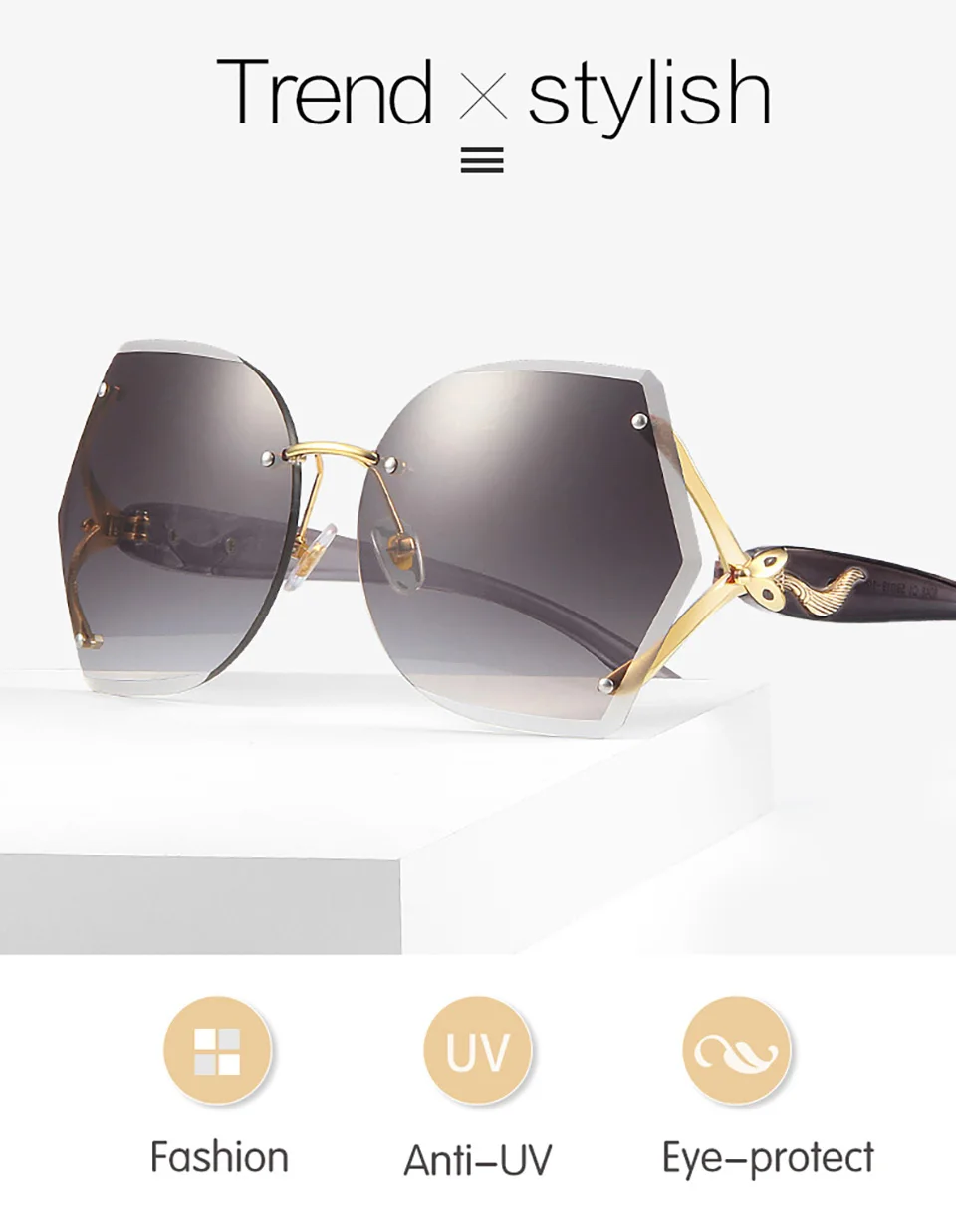 BERTHA Retro Luxury Gradient Sunglasses For Women Fashion Rimless Glasses Cut Lens FOX decorated Sunglasses Lady Eyeglass S8048