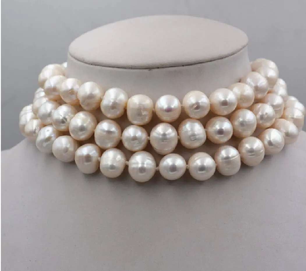 

New 3 ROWS 9-10MM WHITE PEARL NECKLACE 17"-19" EARRING SET