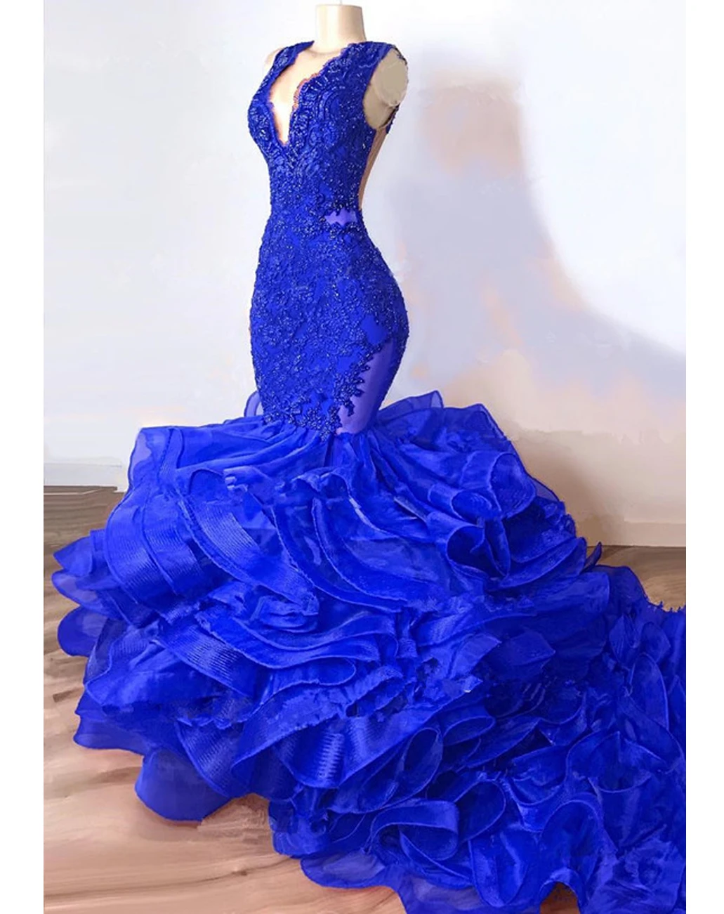 chinese dress ladies Gold Beaded Royal Blue Sequin Mermaid Tailor Made Prom Dress