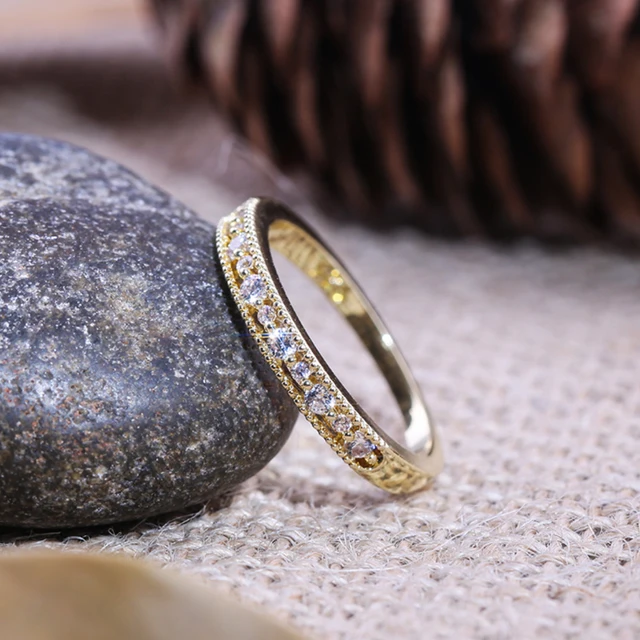 Handmade Eternity Promise Gold Crystal Ring AAA CZ Zirconia Engagement Wedding Band Rings for Women Men Finger Party Jewelry V