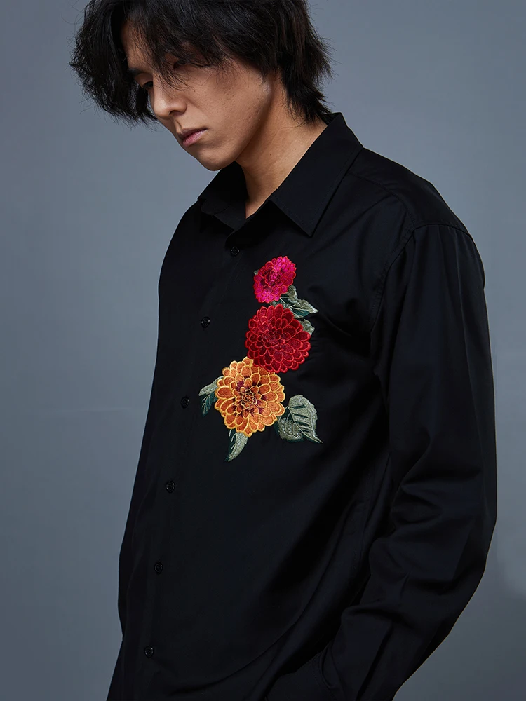 FANTASTION Unisex original light luxury design flower embroidered shirt men's and women's casual loose shirts black and white