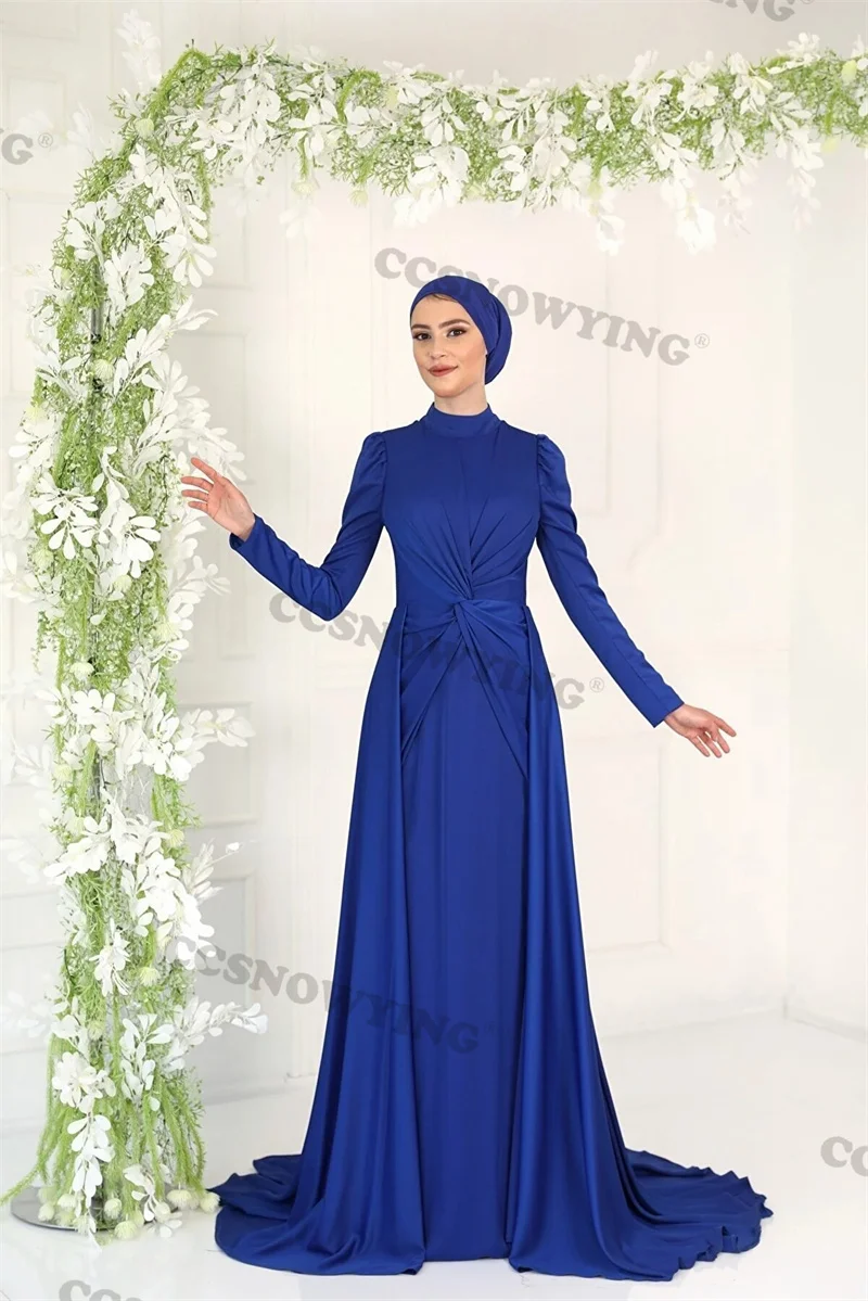 

Long Sleeve Hijab Muslim Evening Dresses Satin High Neck Islamic Formal Party Gown Arabic Dubai Women Robes De Soirée