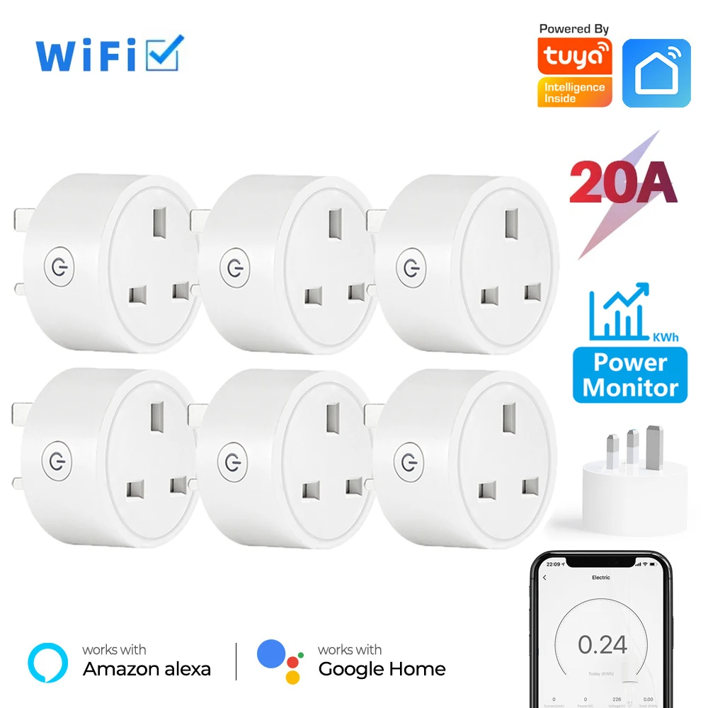 20A Tuya สมาร์ทซ็อกเก็ต WiFi UK ปลั๊ก 3 พินอะแดปเตอร์ Power การตรวจสอบฟังก์ชั่นจับเวลา Home Alexa Voice Control Power Outlet ชุด 1
