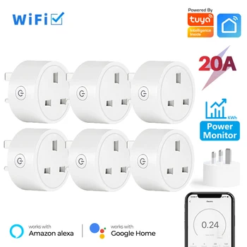 20A Tuya สมาร์ทซ็อกเก็ต WiFi UK ปลั๊ก 3 พินอะแดปเตอร์ Power การตรวจสอบฟังก์ชั่นจับเวลา Home Alexa Voice Control Power Outlet ชุด 1