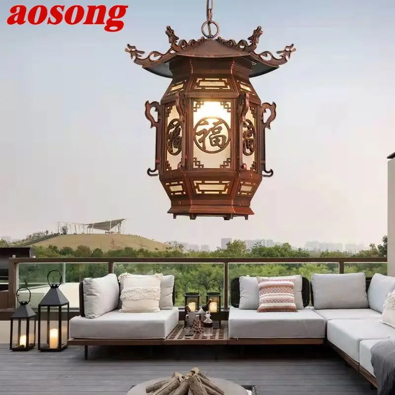 

AOSONG Chinese Lantern Pendant Lamps Outdoor Waterproof LED Brown Retro Chandelier for Home Hotel Corridor Decor Electricity