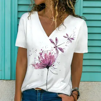T-shirt oversize da donna estiva a maniche corte con scollo a V per donna T-shirt bianca da donna alla moda con stampa 3d libellula Top abbigliamento casual 1