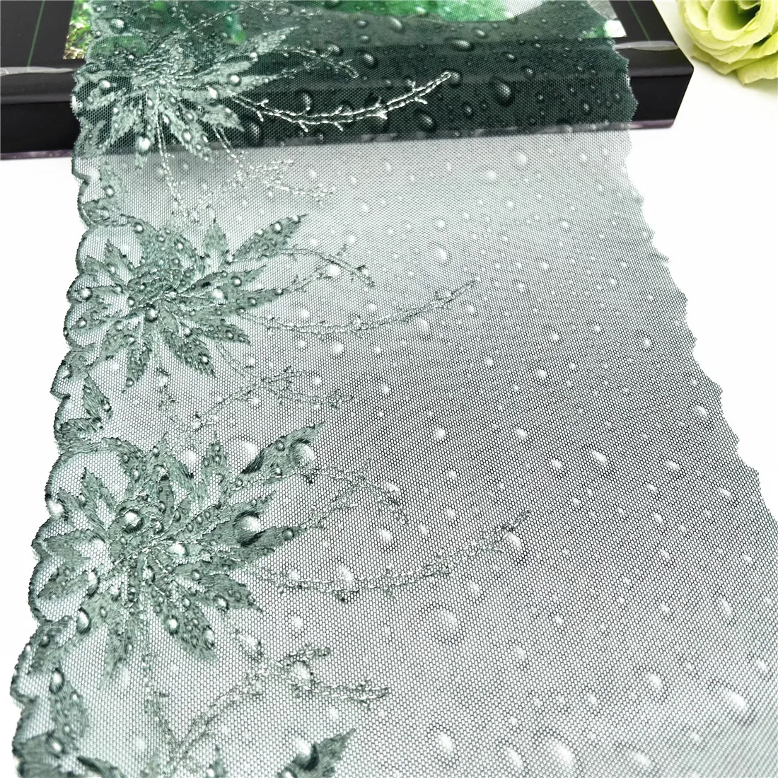 3y/lot Width 19cm Dark Green Shiny Embroidery Lace Trim Wedding For Skirt Hem Clothes Sewing Material DIY Apparel Dress Fabric 5