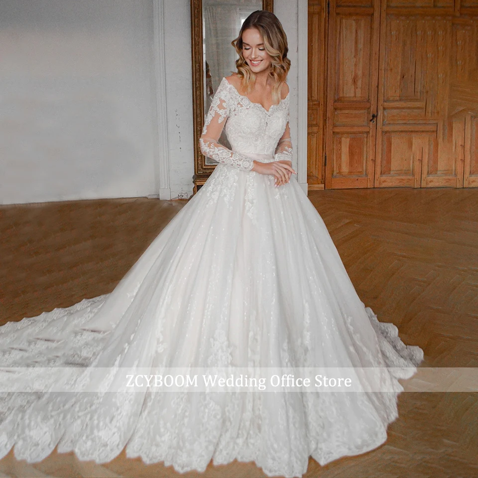 Elegantes Elfenbeinfarbenes Spitzenapplikationen-Brautkleid mit Langen Ärmeln 2026 Prinzessinnen-Stil Bootsausschnitt A-Linie mit Schleppe Hochzeitskleid Vestido De Noiva – Detail 7